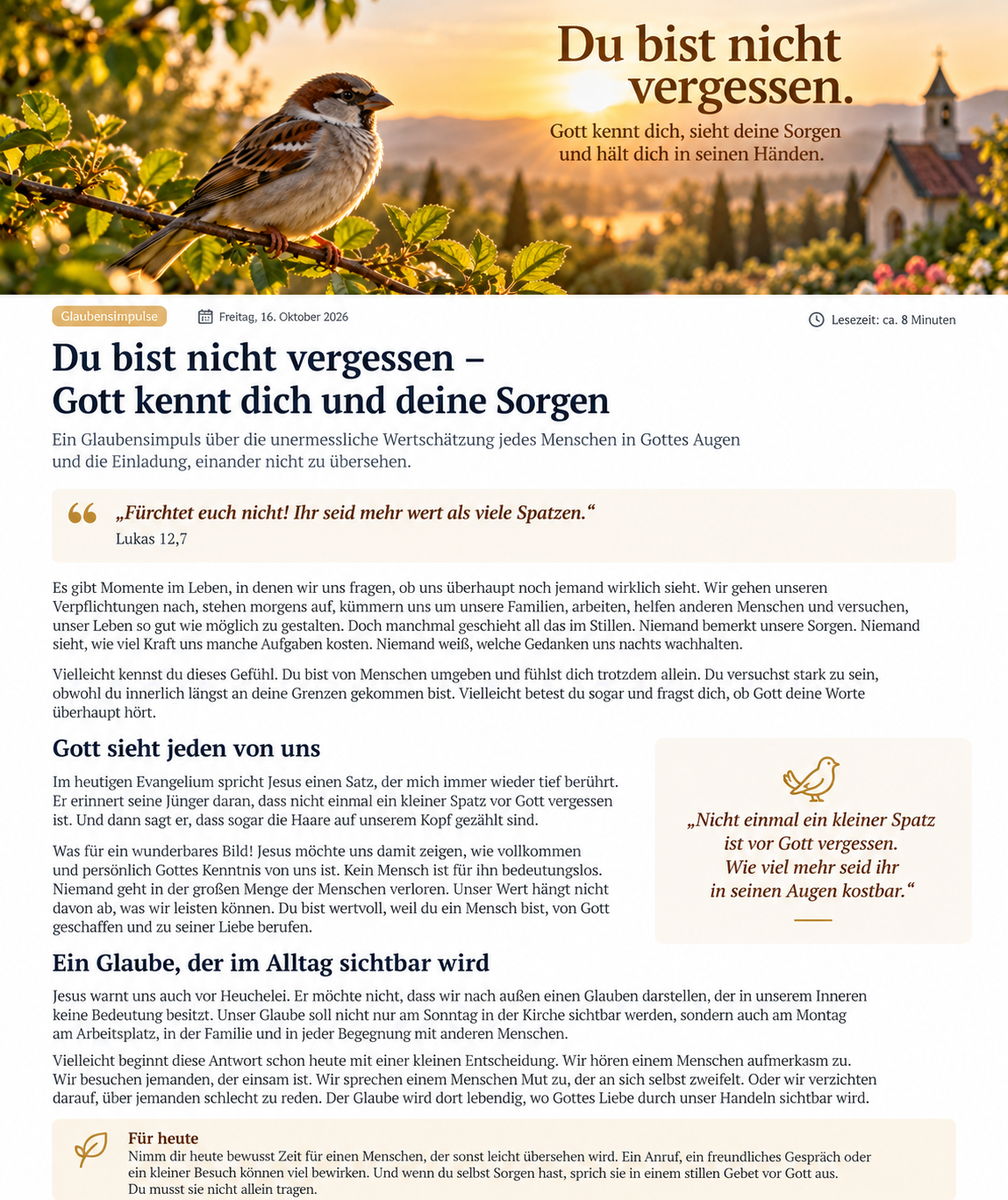 Fürchtet euch nicht! Ihr seid mehr wert als viele Spatzen.“ (Lk 12,7)